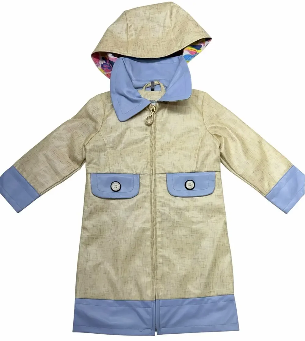 O2W Girls Raincoat Size 2/3 Beige Blue Hooded Floral Lined Trench Jacket